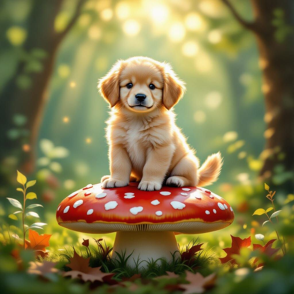 Golden Retriever Puppy on Vibrant Mushroom in Magical Forest