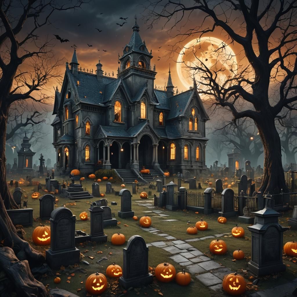 Moonlit Halloween Cemetery with Ghosts in Matte Painting Sty...