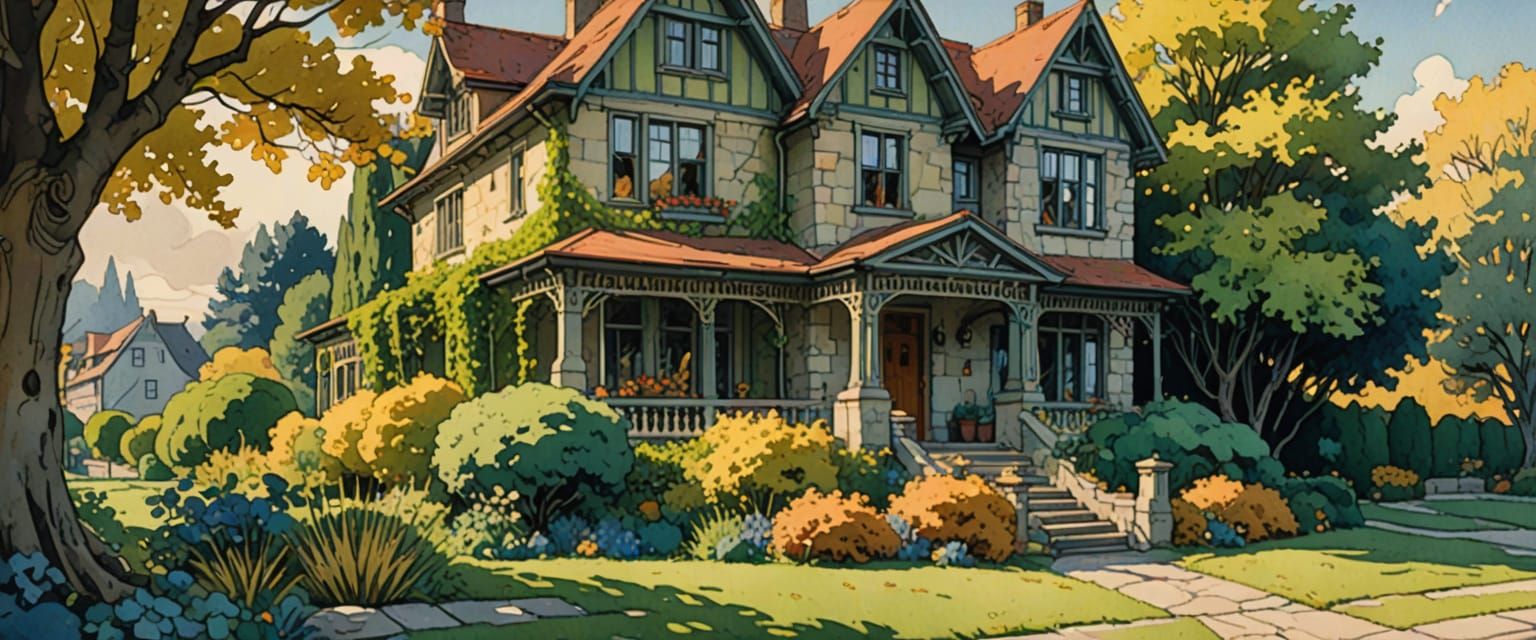 Edwardian House in Comic Book Style with Pastel Colors