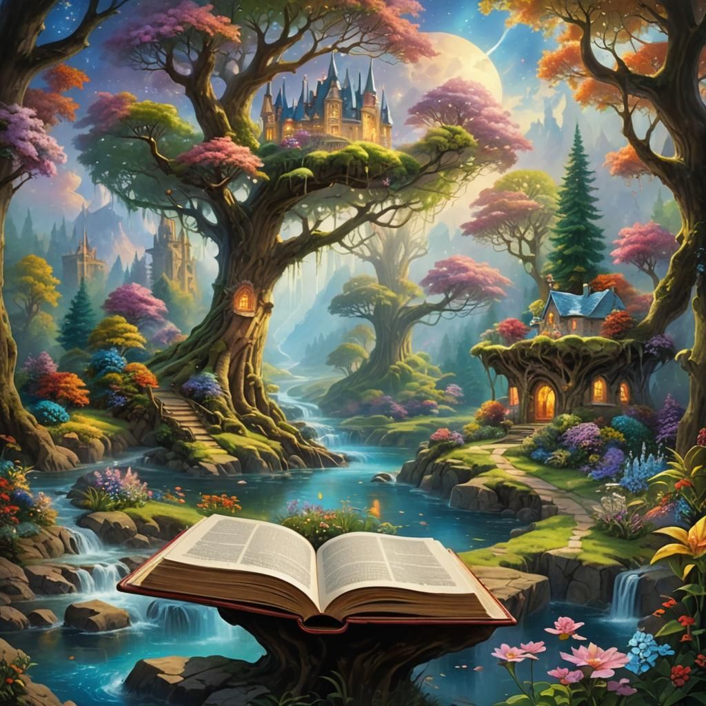 Fantasy World Unveiled in Magical Open Book Oil Painting