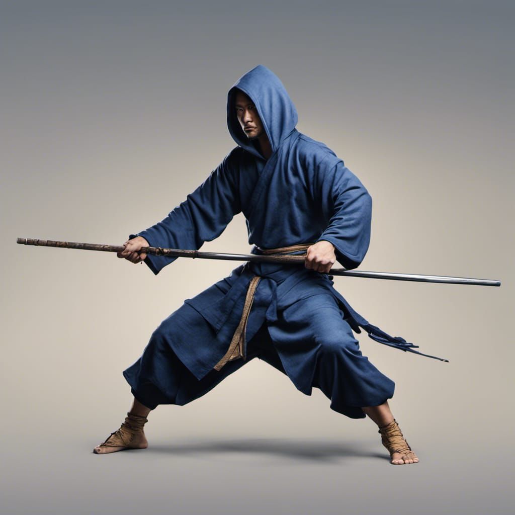 Hooded Monk with Staff in Kung Fu Style
