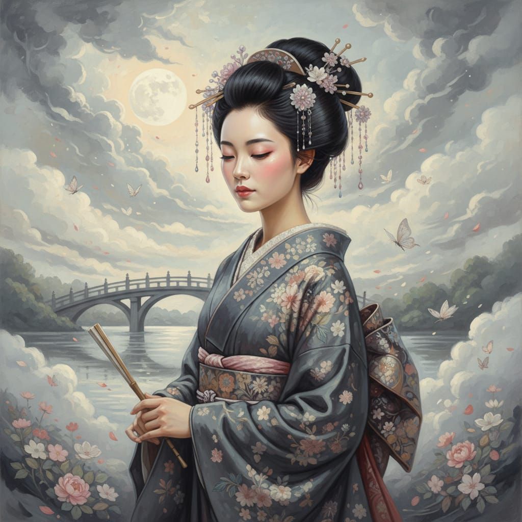 Serene Japanese Woman in Floral Kimono by Moonlight