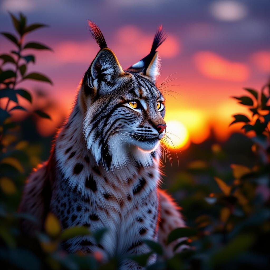Majestic Lynx in Lush Foliage at Sunset