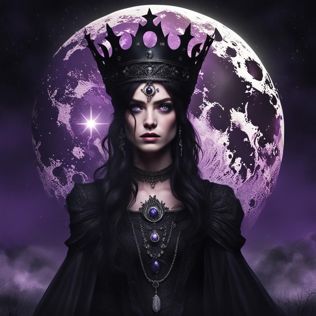 Dark-Haired Woman with Purple Eyes Under Moonlight