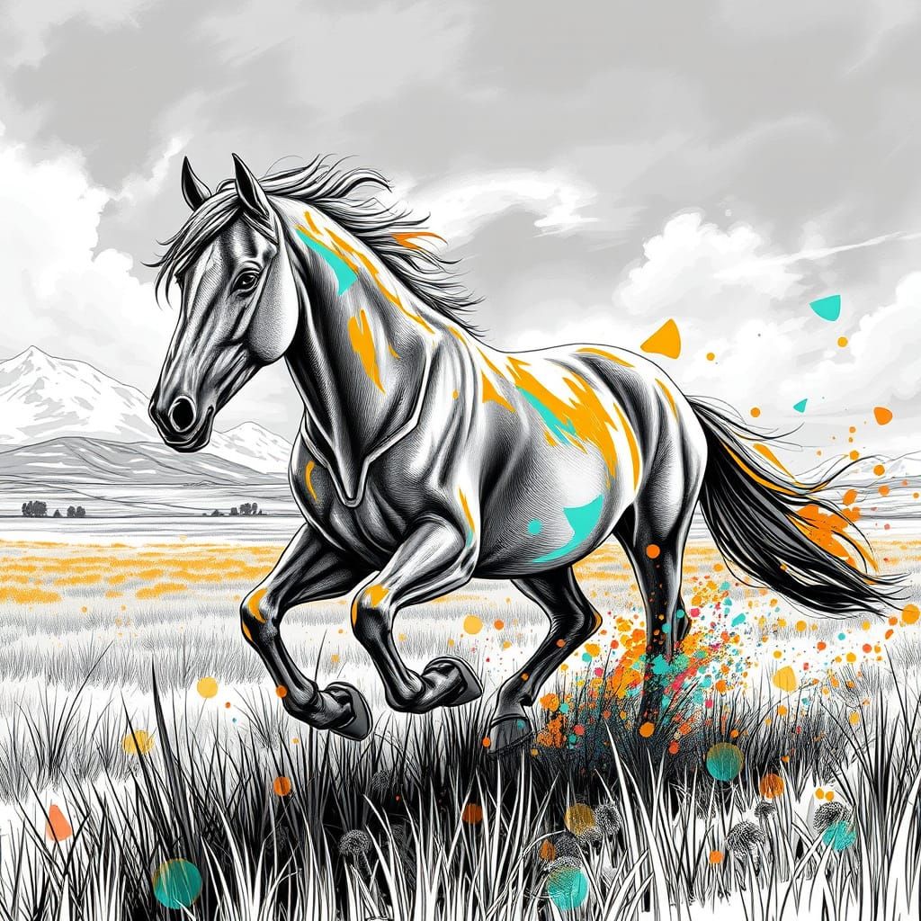 Vibrant Horse in Motion as Triadic Art