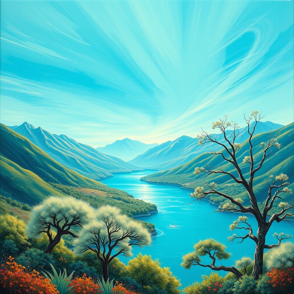 Dreamy Turquoise Landscape with Majestic Mountains and Seren...