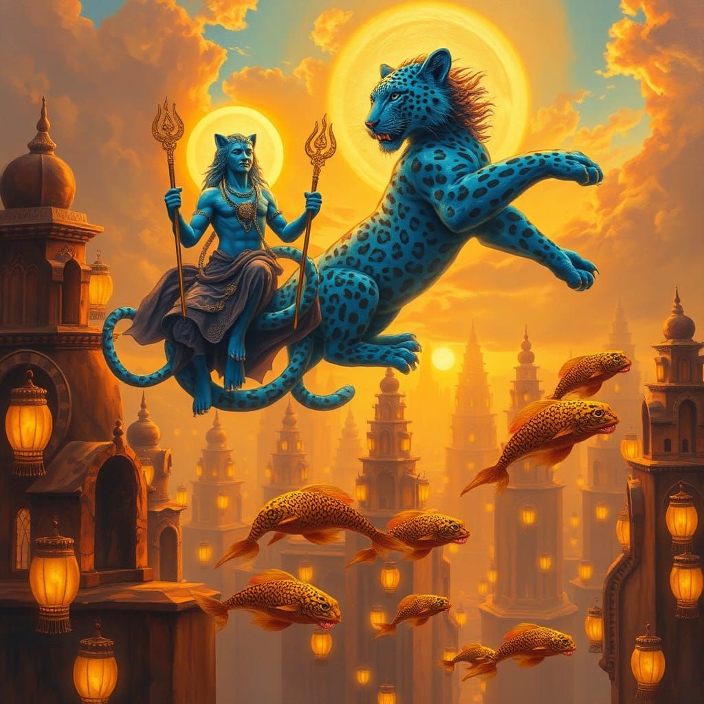 Celestial Beings Descending Over Dreamlike Cityscape