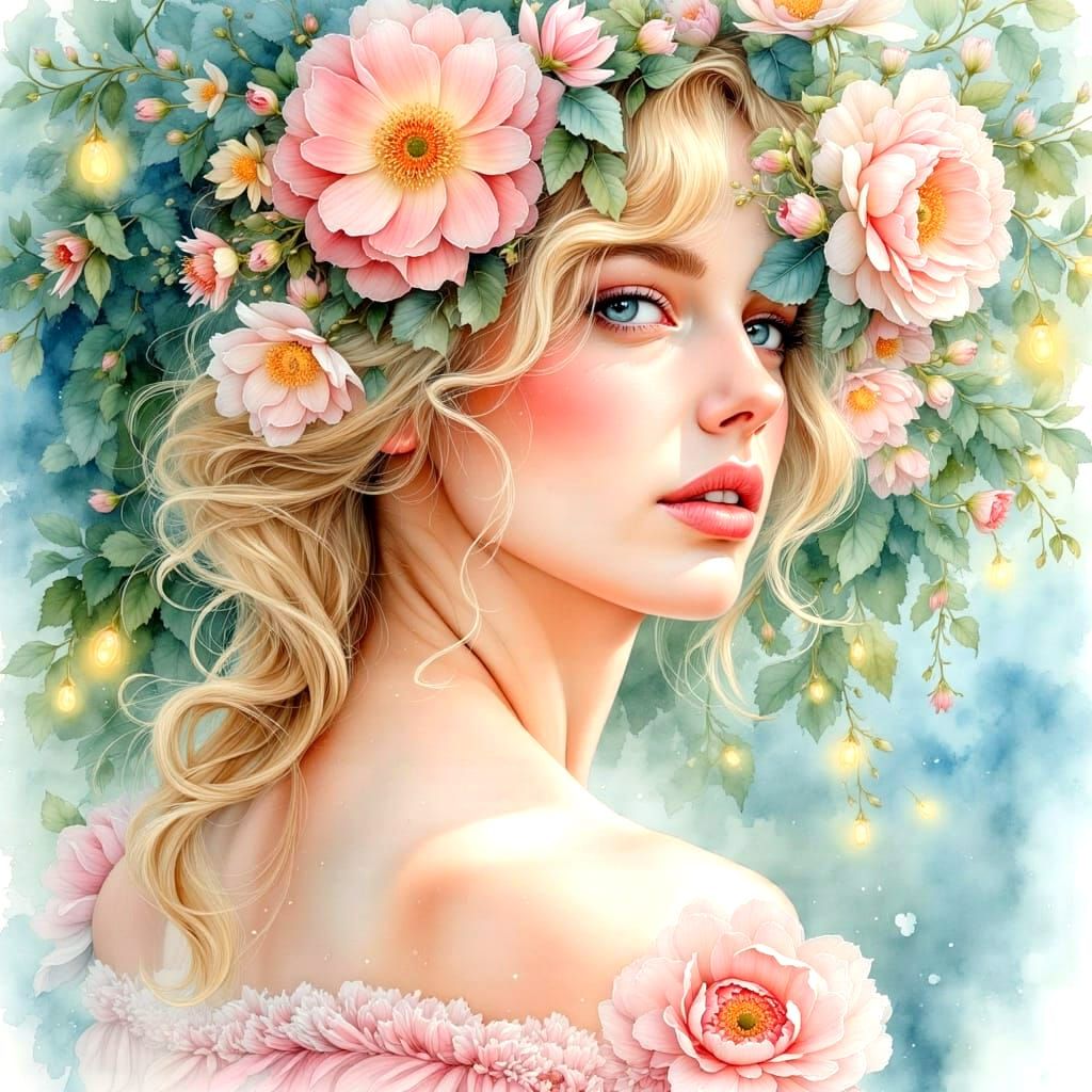 Surreal Portrait of a Bright-Eyed Young Woman in a Soft Wate...