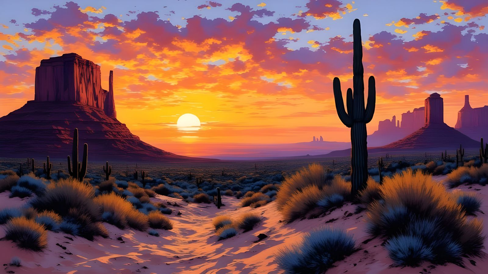 Desert Sunset with Craggy Rocks and Cactus Plants