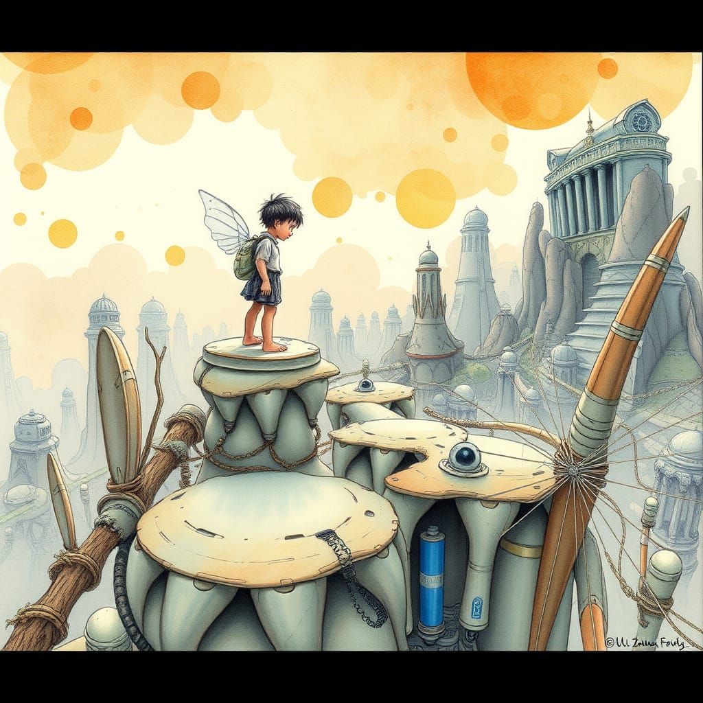 Whimsical Futuristic Landscape Figure in Mixed Media