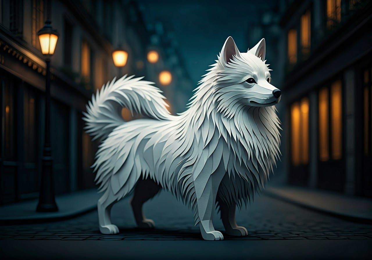 Kirigami Dog in Parisian Night Sky: Digital Art