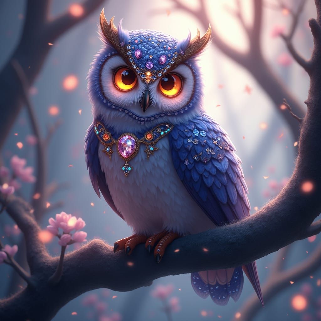 Glowing Owl Adorned with Jewels in Anime Style