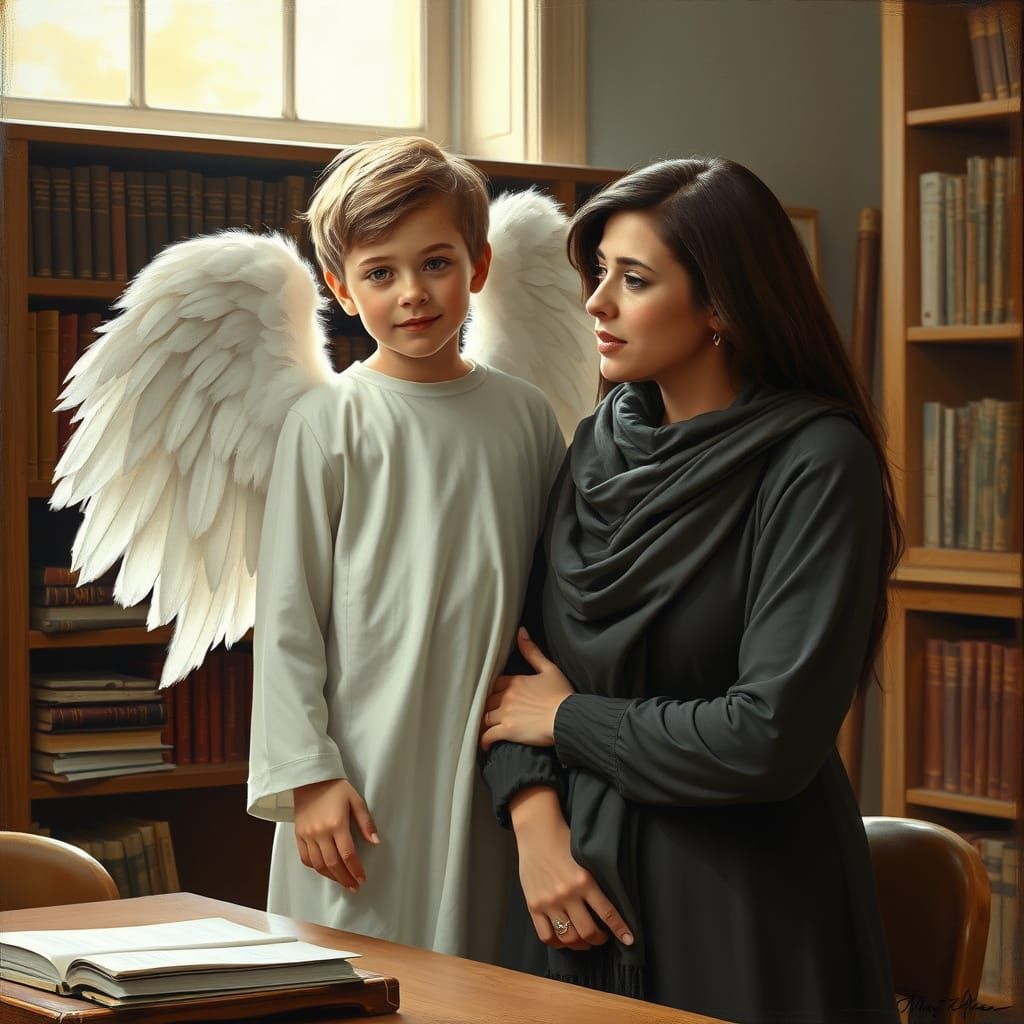 Angel Boy and Teacher in Ethereal Classroom