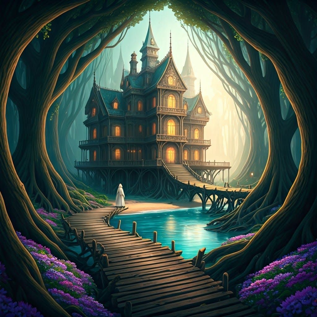 Ethereal Victorian Mansion Illuminated in Golden Light