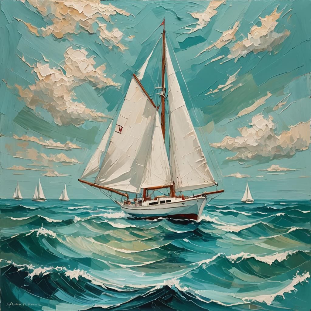 White Sailboat on Turquoise Waters as Impasto Painting