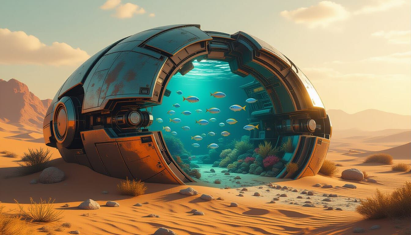 Robot Reef in Desert Oasis: Post-Apocalyptic Wonder
