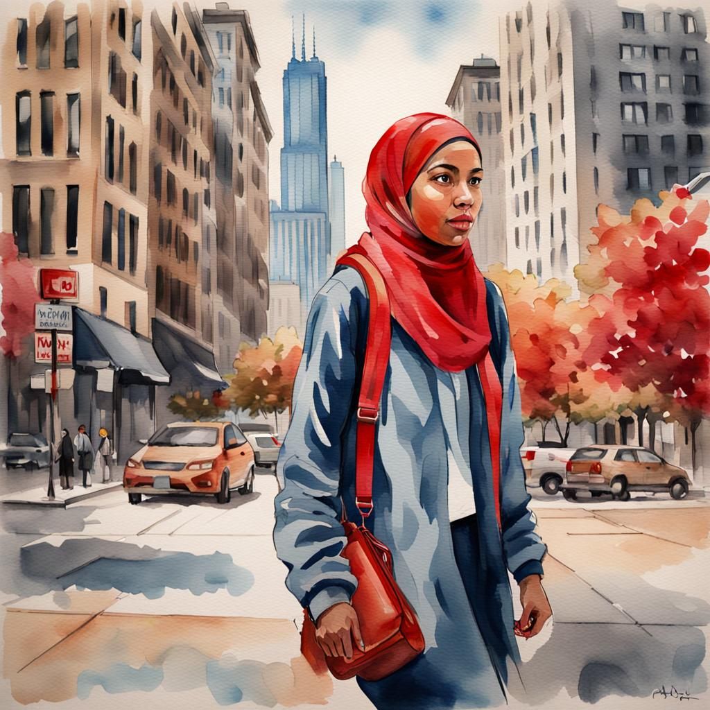 Chicago Woman in Hijab, Expressive Watercolor Portrait