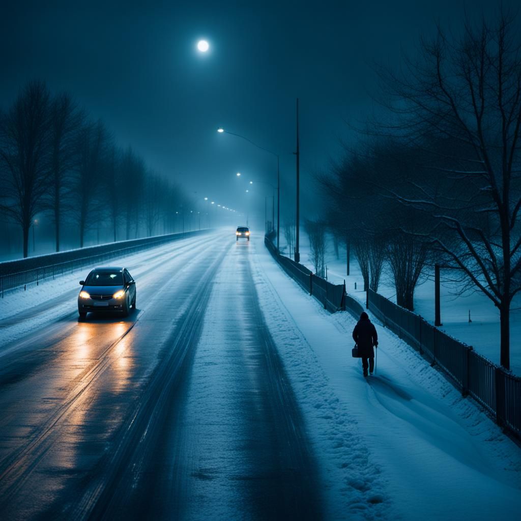 Winter Commute: Car on Road in Dark Morning