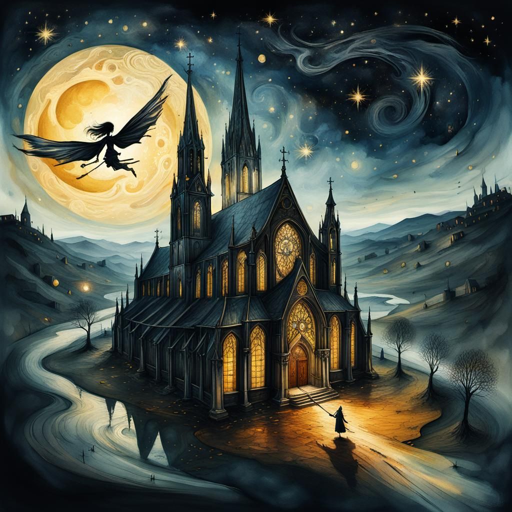 Surreal Gothic Church Under Astral Moonlight