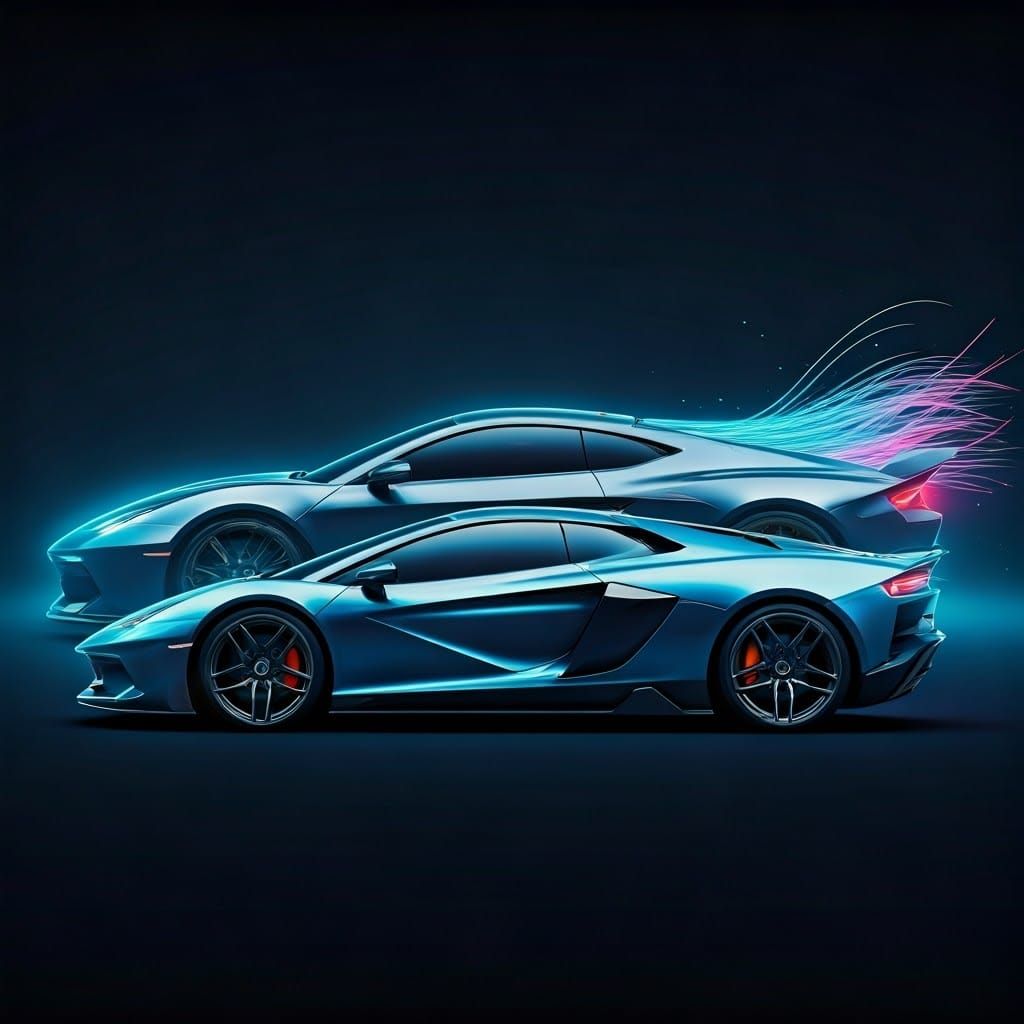 Futuristic Sports Cars Converge in Neon-Lit Cyberpunk Citysc...