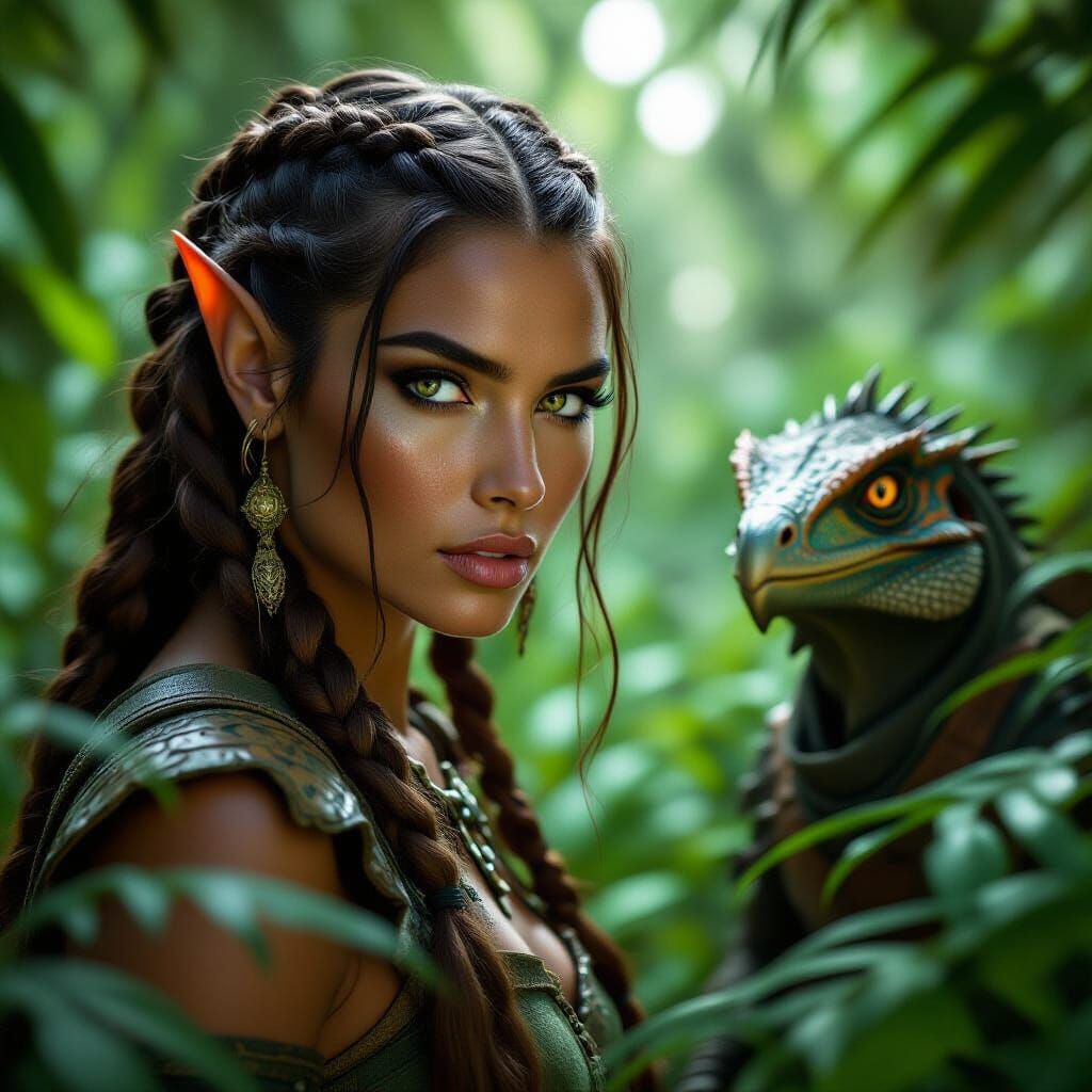 High Elf Warrior and Dinosaurs in Jungle, Hyperrealistic