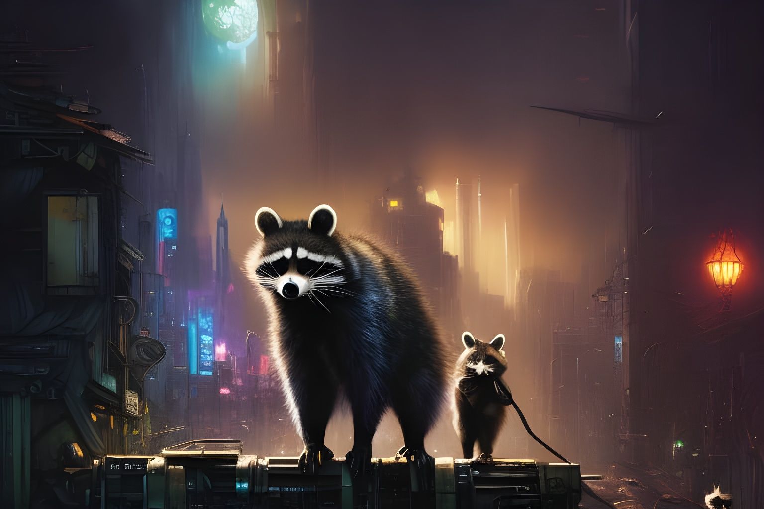 Raccoons in Apocalyptic Cityscape: Crayon Caricature