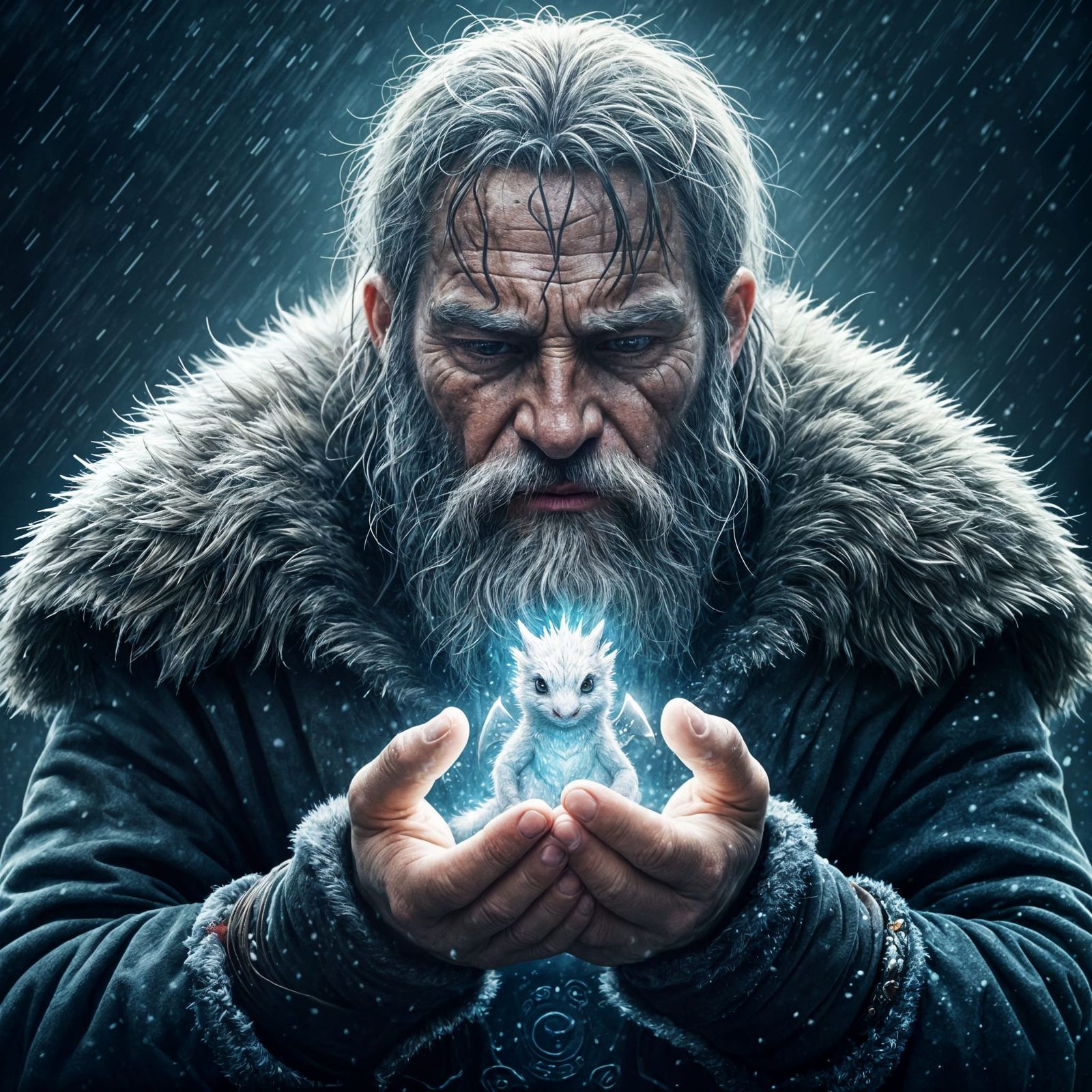 Viking Warrior and Tiny Dragon in Snowstorm