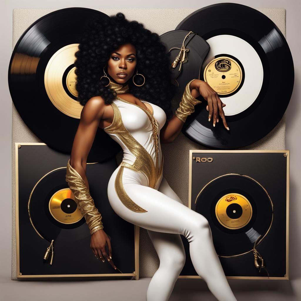 Hyperrealistic Graphic Art: DJ Black Woman in Gold