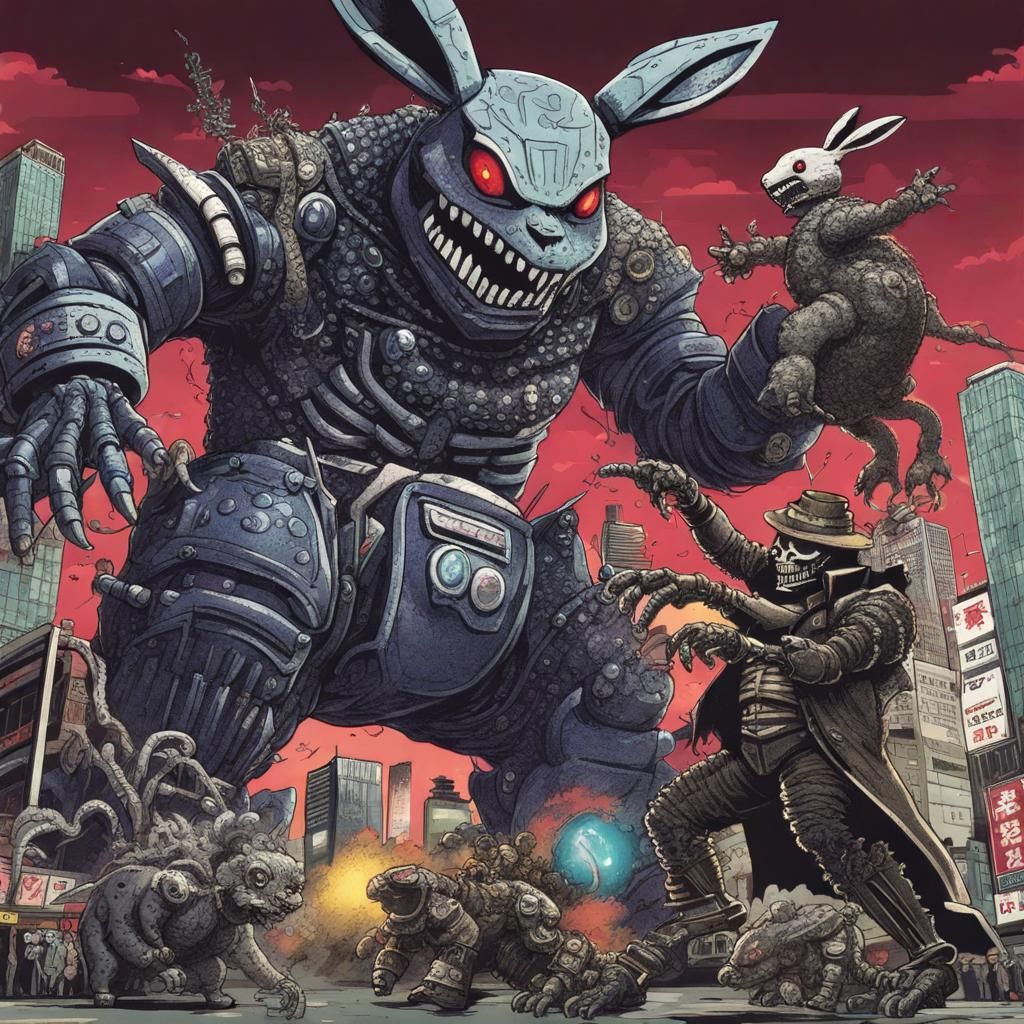 Voodoo Baron Samedi Godzilla Kaiju in central Tokyo fighting a Bunny Bot Mecha