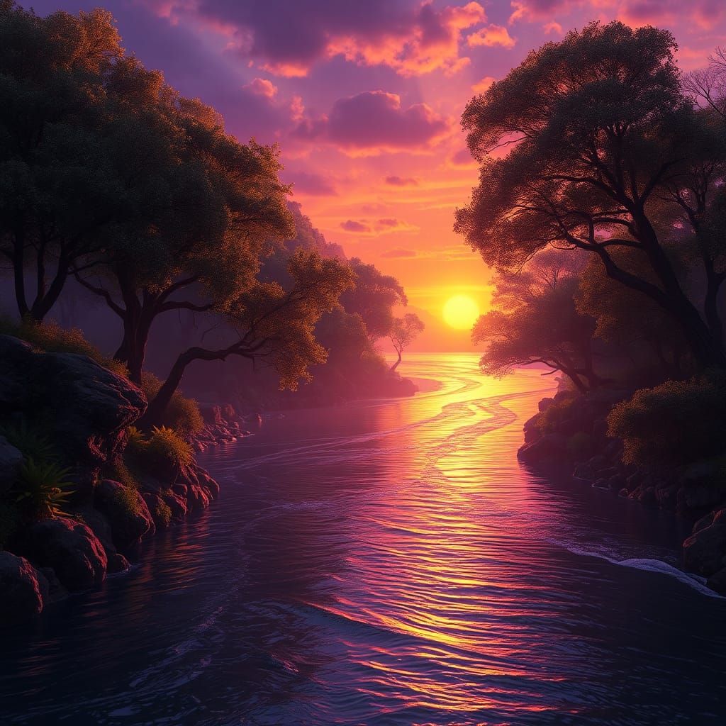 Sunset River: Dark Fantasy Art Nouveau Landscape