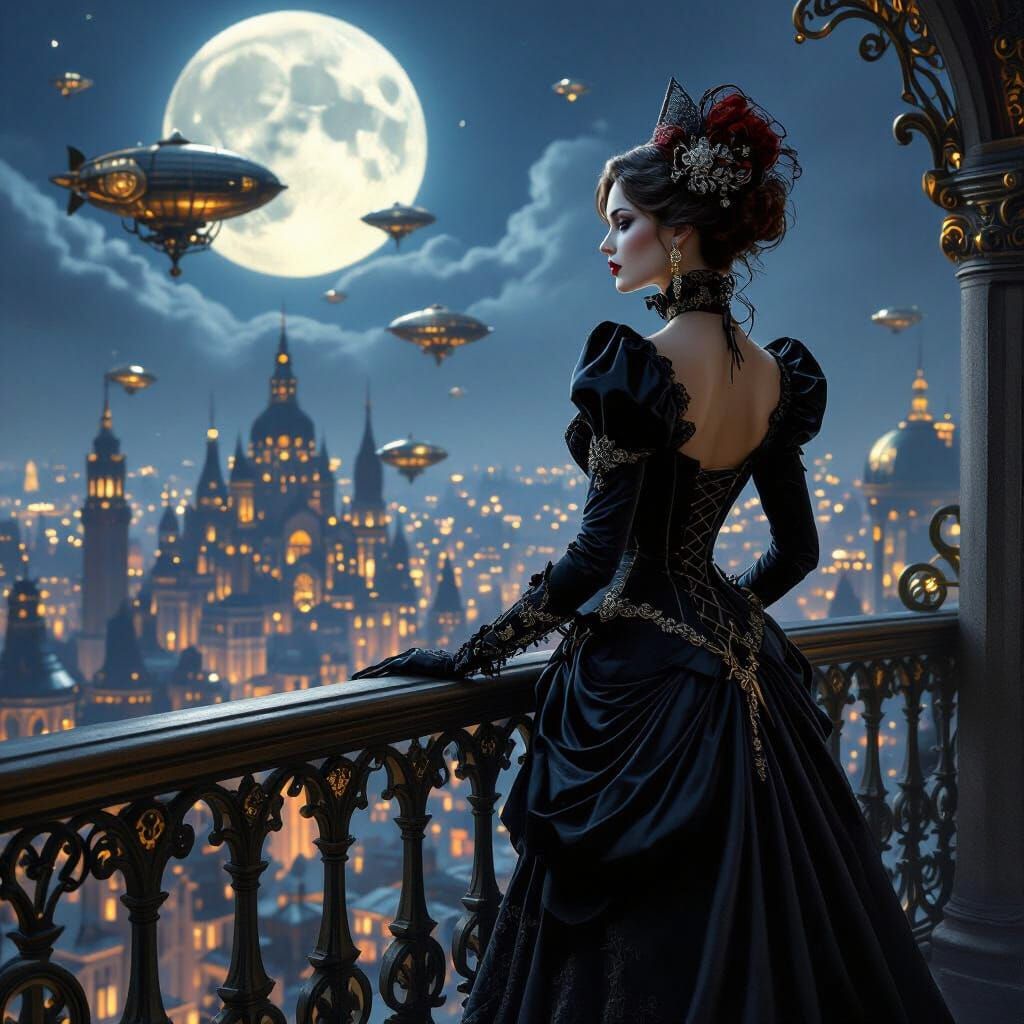 Elegant Vampire Aristocrat Overlooking Steampunk Cityscape
