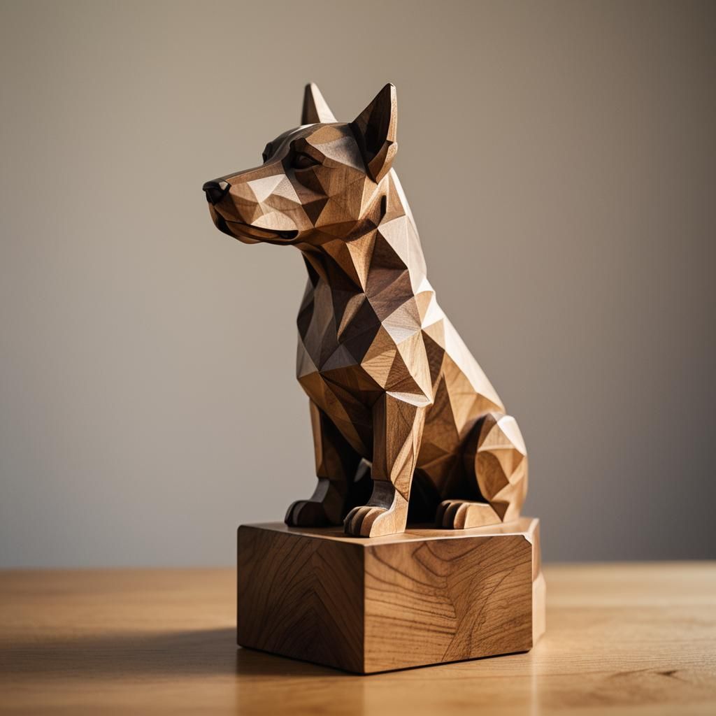 Polished Geometric Dog Statuette in Woodcut Style