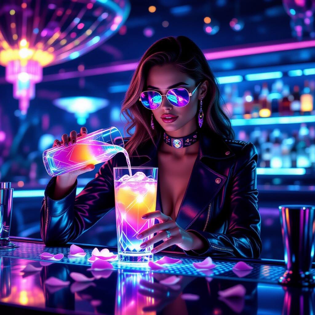 Futuristic Cosmic Bartender Mixing Neon Cocktail