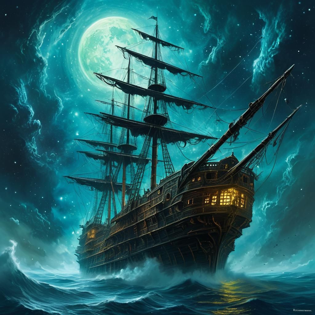 Eerie Ghost Ship Sailing a Nebula