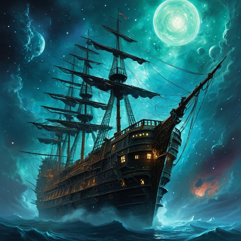 Space Pirate Ghost Ship Sailing a Nebula