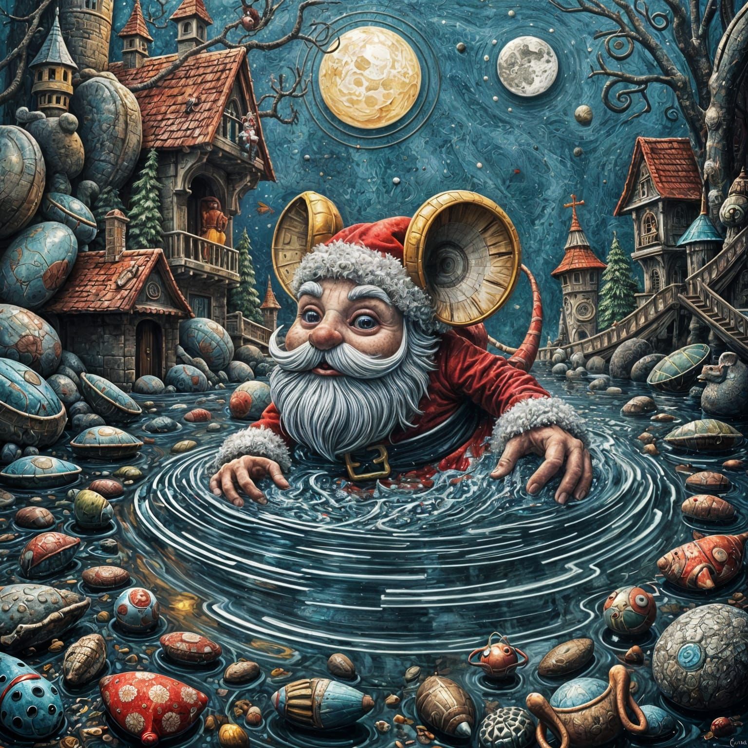 Mouse-Santa Hybrid in Puddle: Orphism Acrylic Art