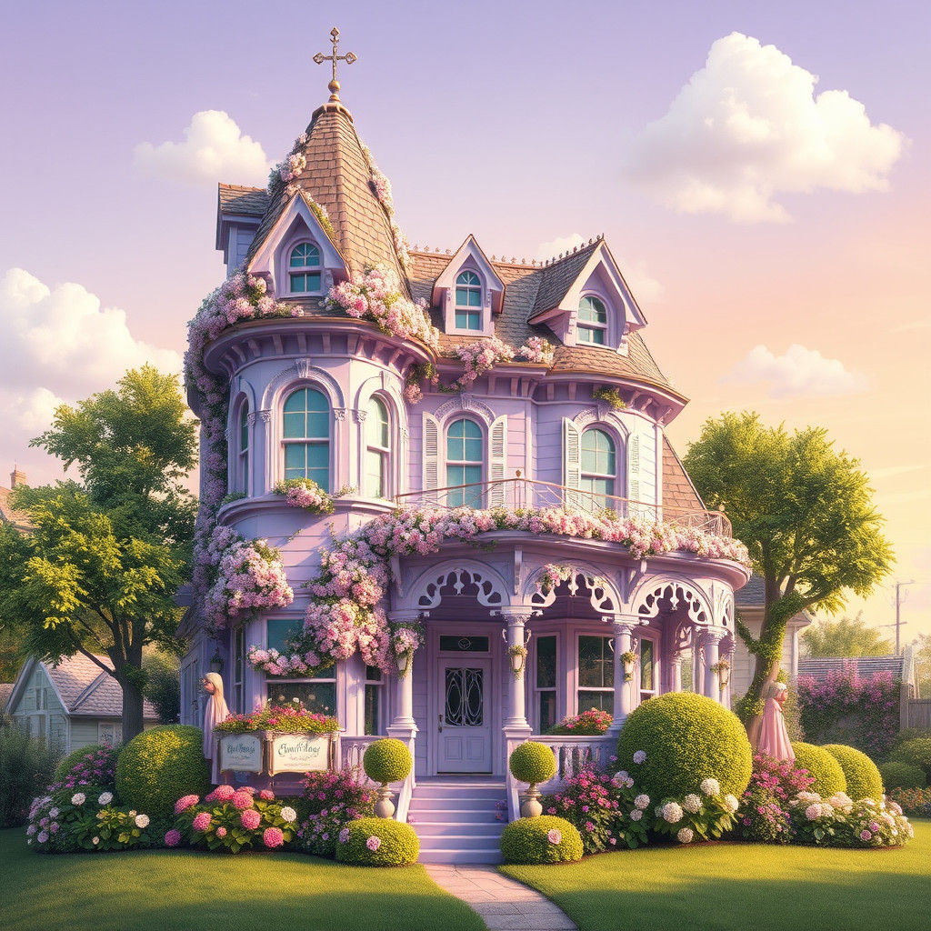 Whimsical Victorian House in Pastel Purple and Blooming Flow...