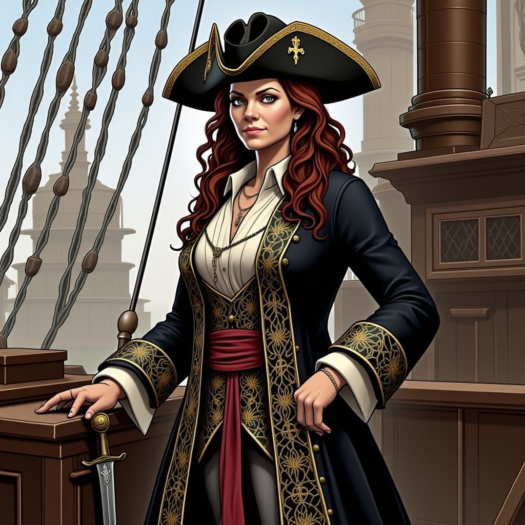 Majestic Pirate Captain on Weathered Ship