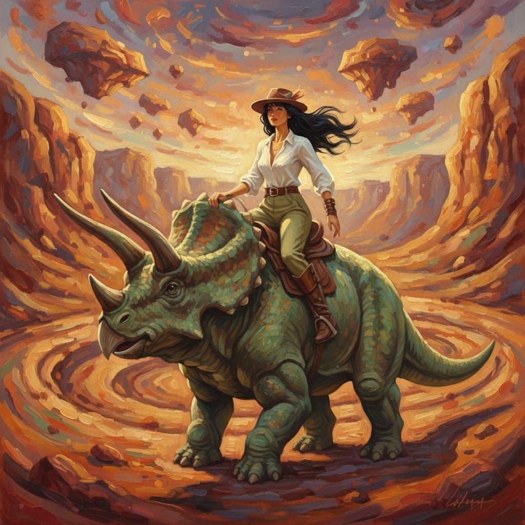 Impressionist Oil Painting of Woman Riding Triceratops in De...