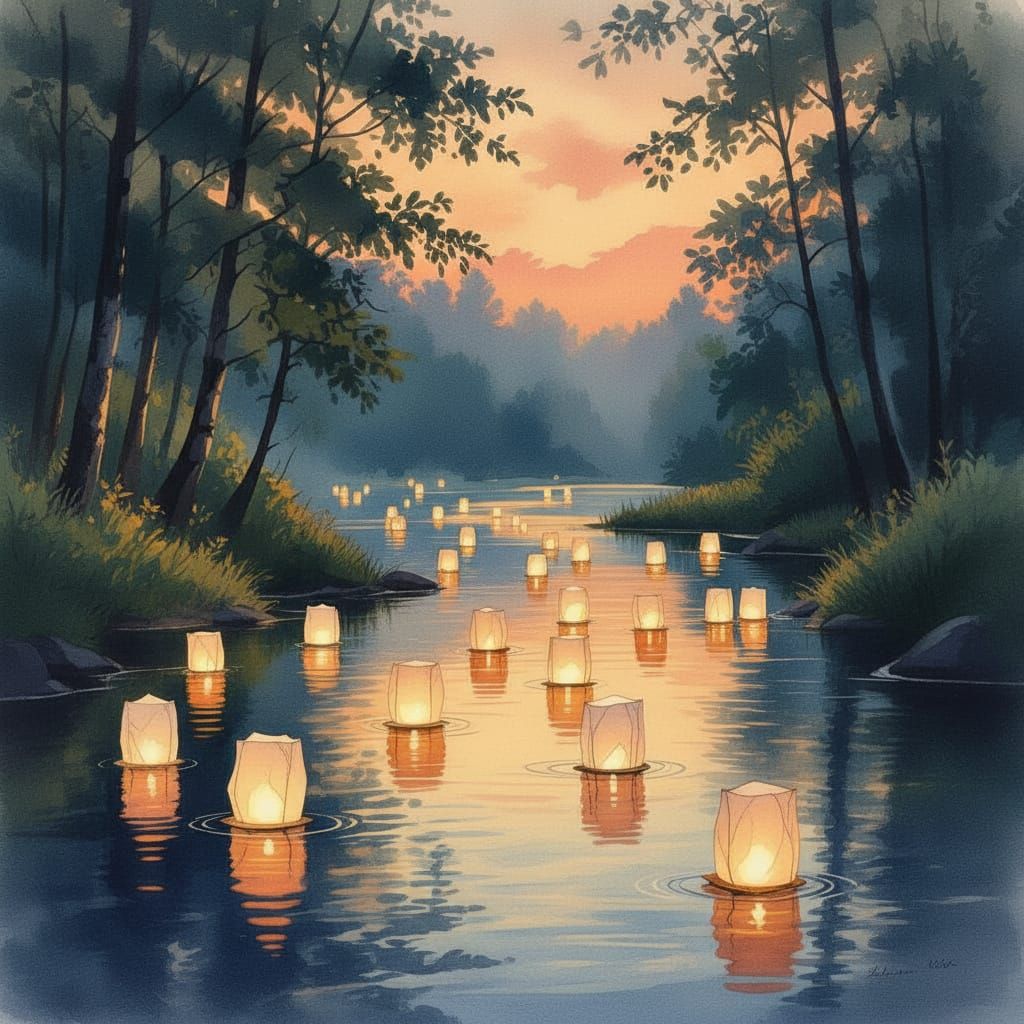 Glowing Lanterns Drift on River at Dusk