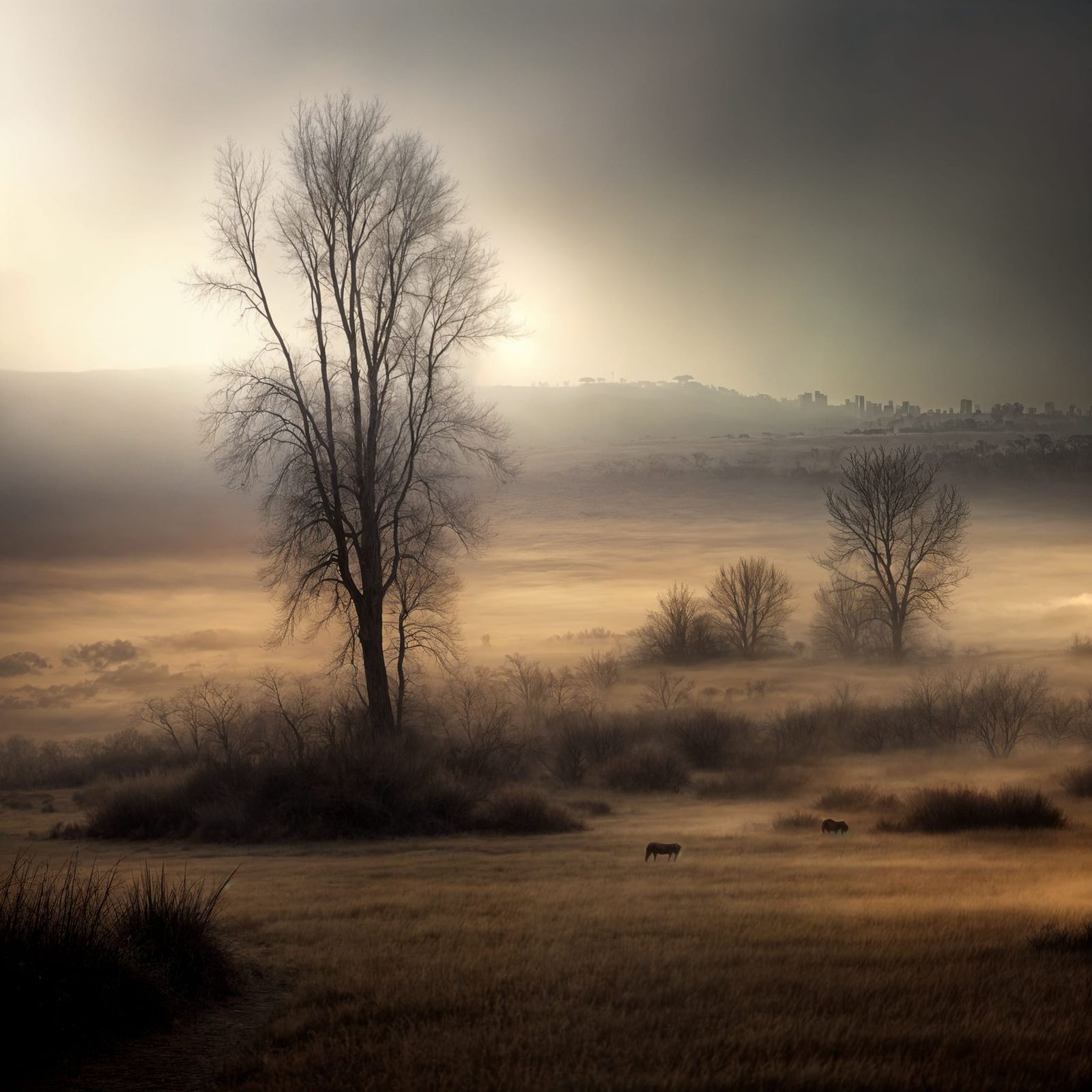 Autumn Landscape with Dry Grass and Bare Trees