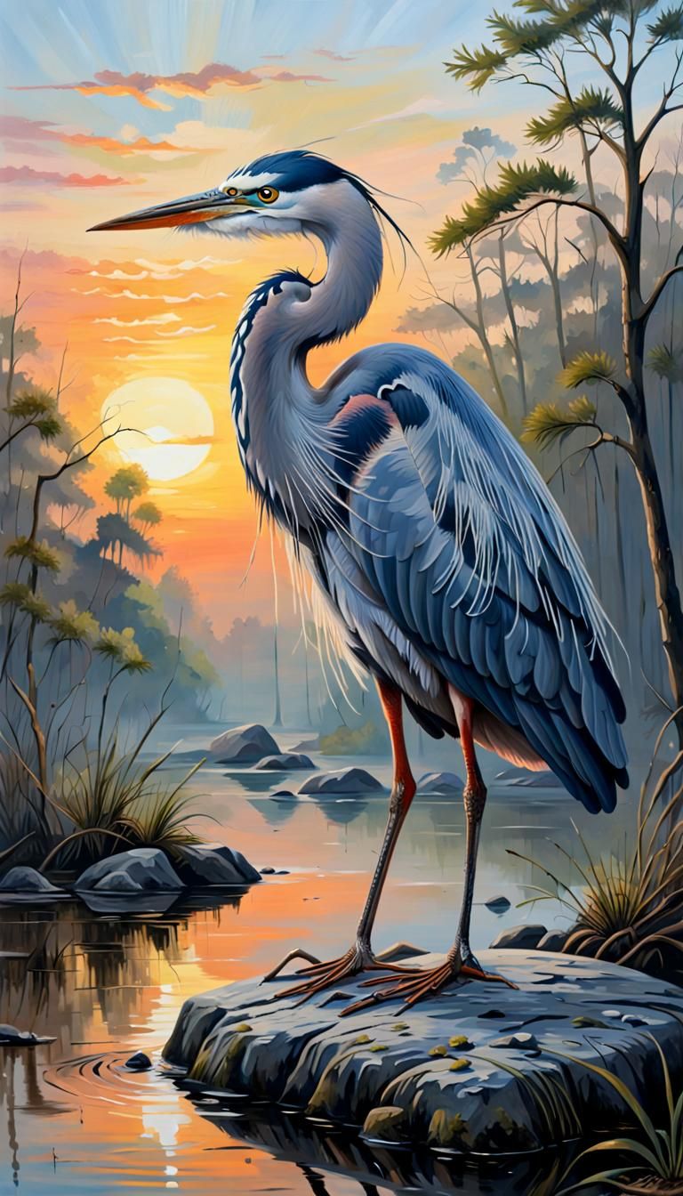 Heron in Swamp: Acrylic Painting of Sunrise Scene