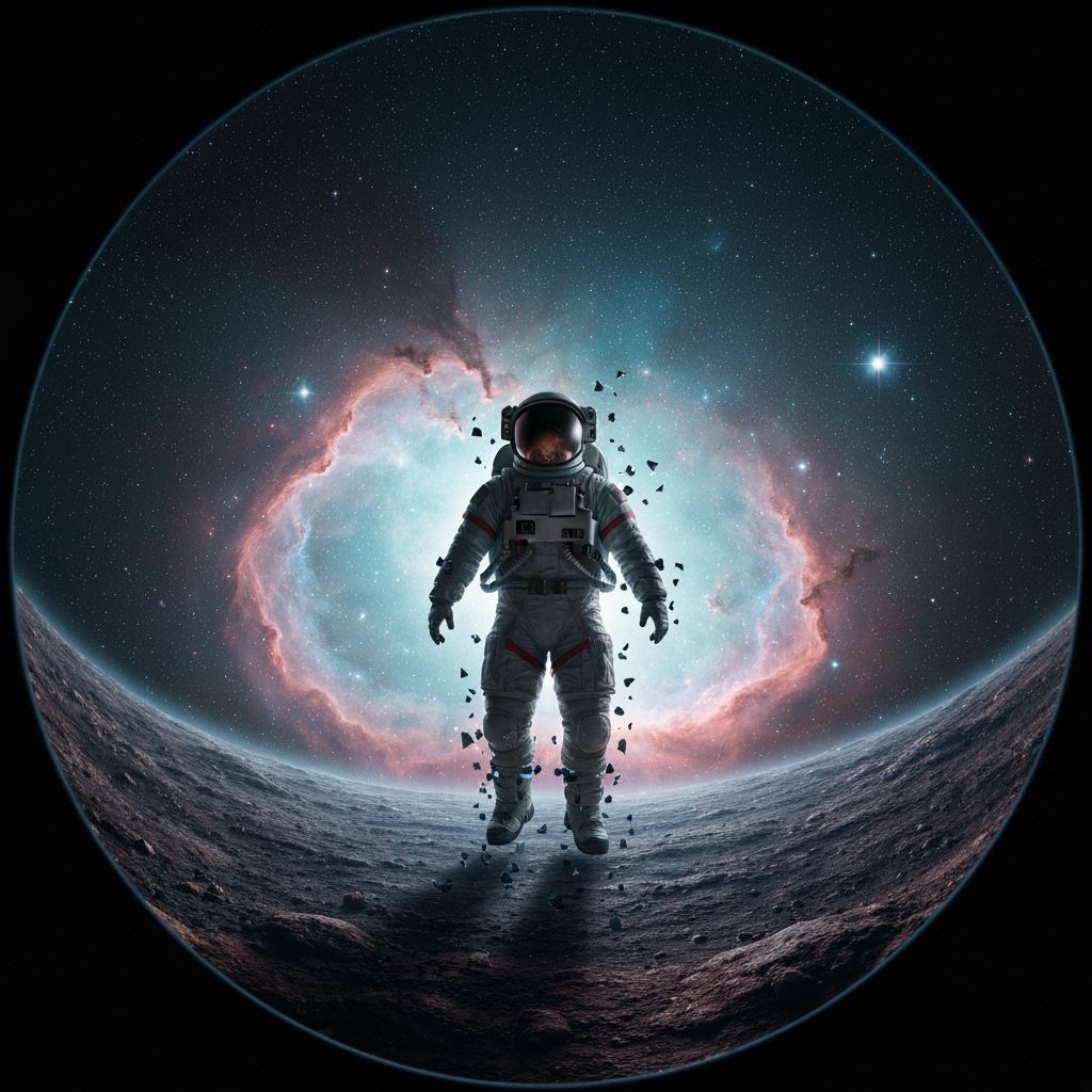 Astronaut's Face Dissolving into Digital Fragments