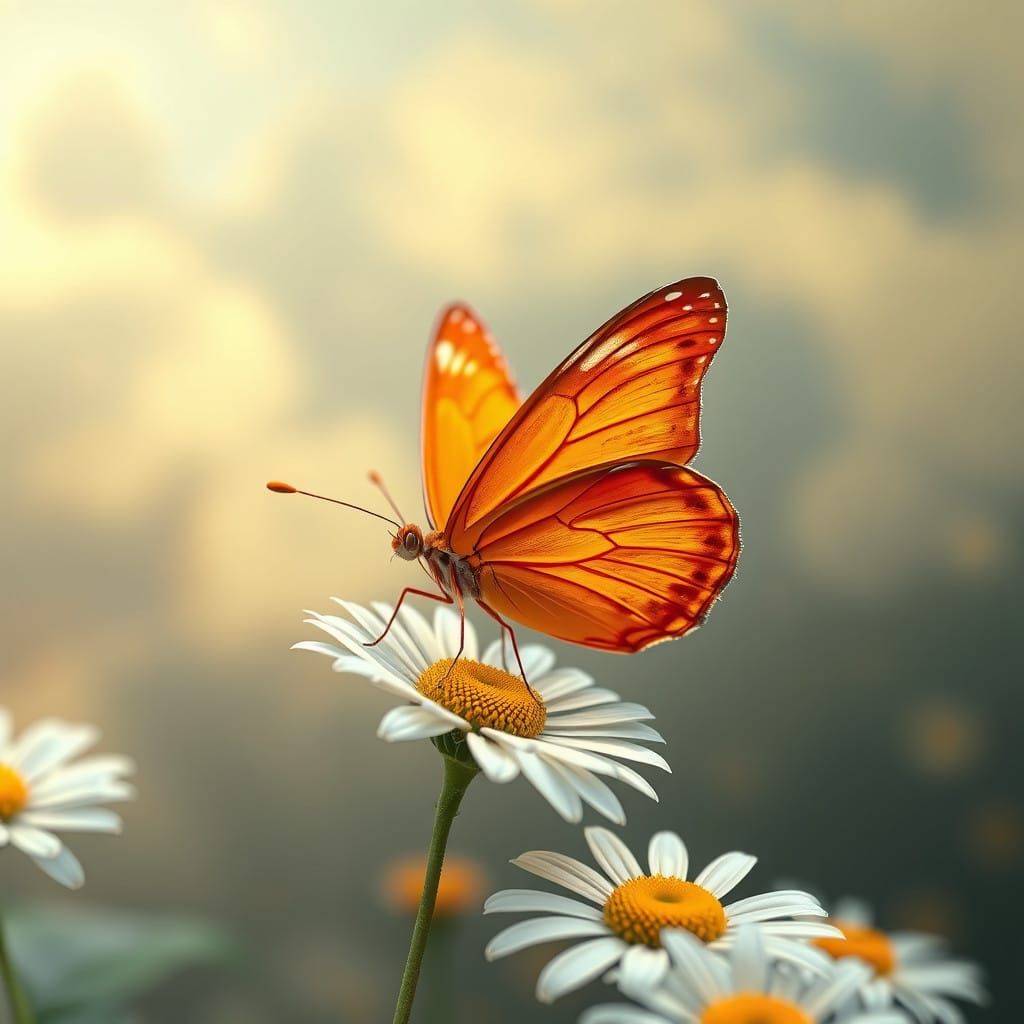 Vibrant Orange Butterfly on a Dreamlike Daisy in Whimsical C...