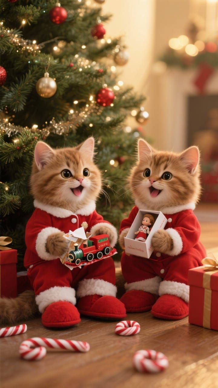 Two Adorable Kittens in Christmas Pajamas by Tree