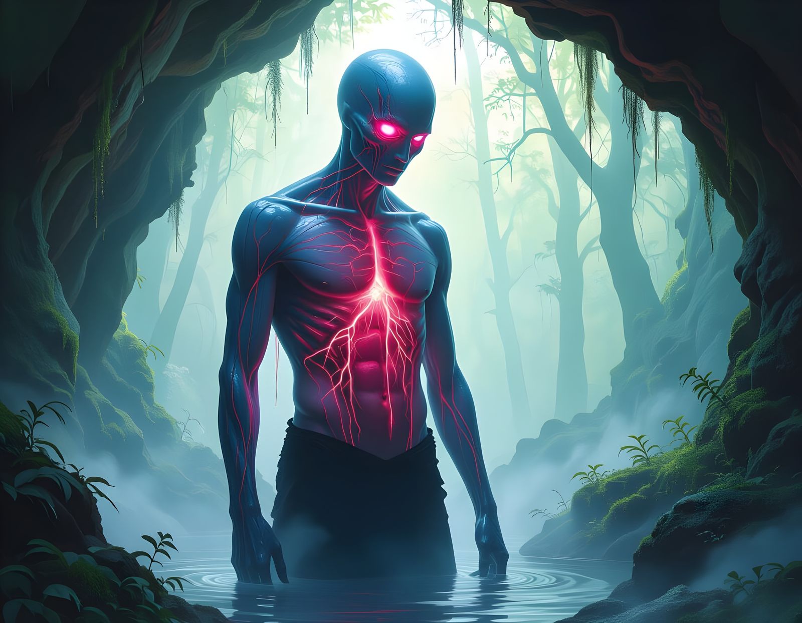 Translucent Figure in Grotto: Hyperrealistic Oil Painting