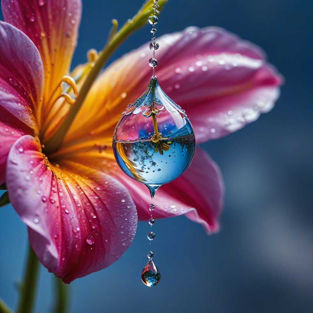 Water Droplet Reflecting Sky on Flower Petal