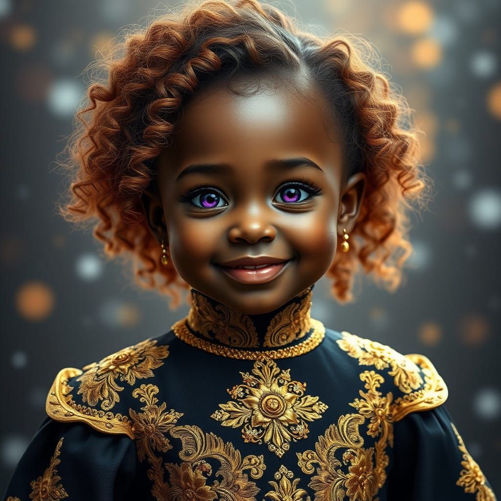 Chocolate-Skinned Baby Queen in Elegant Black and Gold Forma...