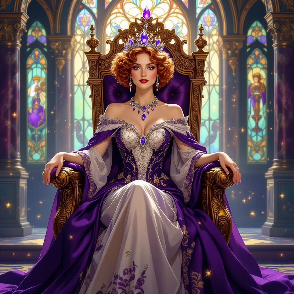 Regal Queen on Bismuth Throne in Art Nouveau Style