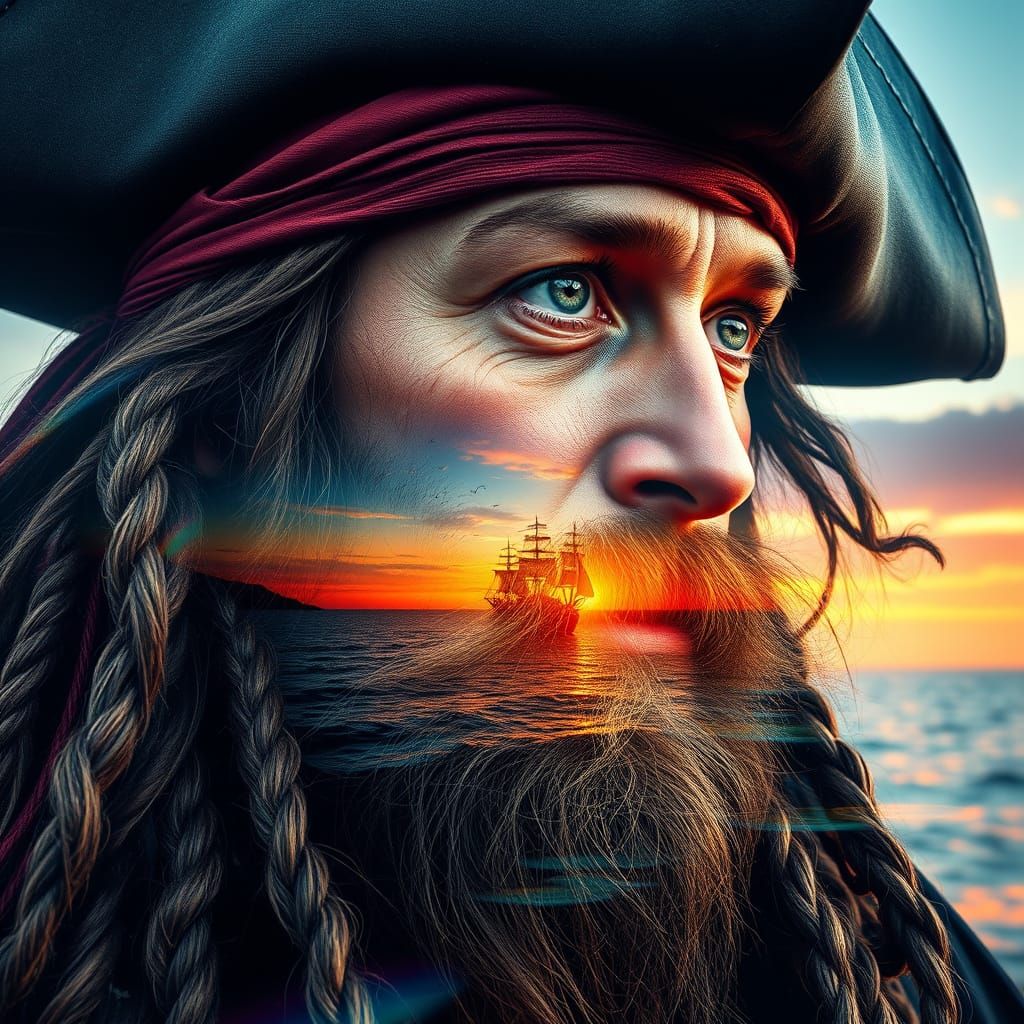 Pirate's Horizon: Hyperrealistic Double Exposure Art